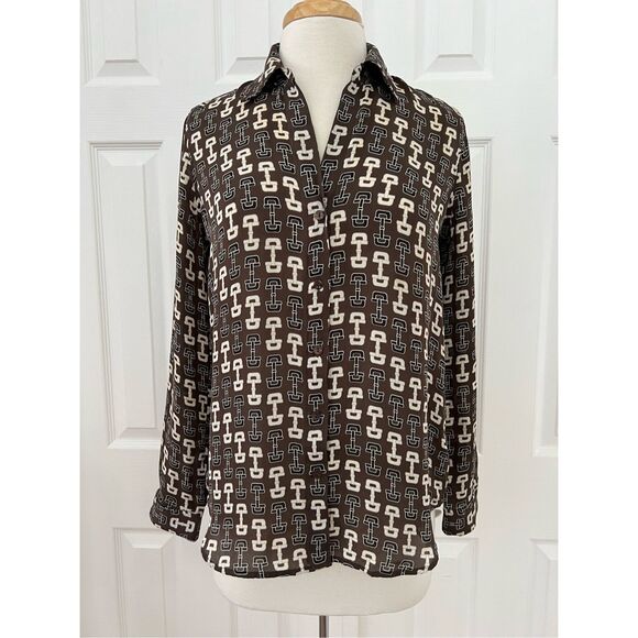L'AGENCE Tops - L'Agence Nina Horsebit Brown Ivory Buckle Print Button-Up Silk Blouse Size XS